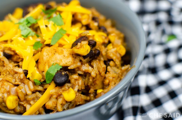 Chicken Burrito Bowl in grey bowl close up