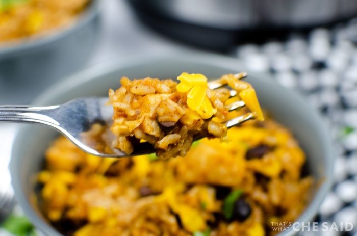 Horizontal close up of Chicken burrito bowl rice on a fork