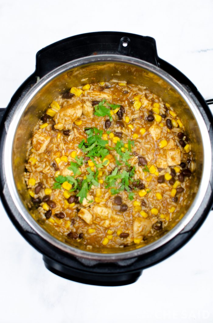 Finished Burrito Bowl in instant pot, top down view