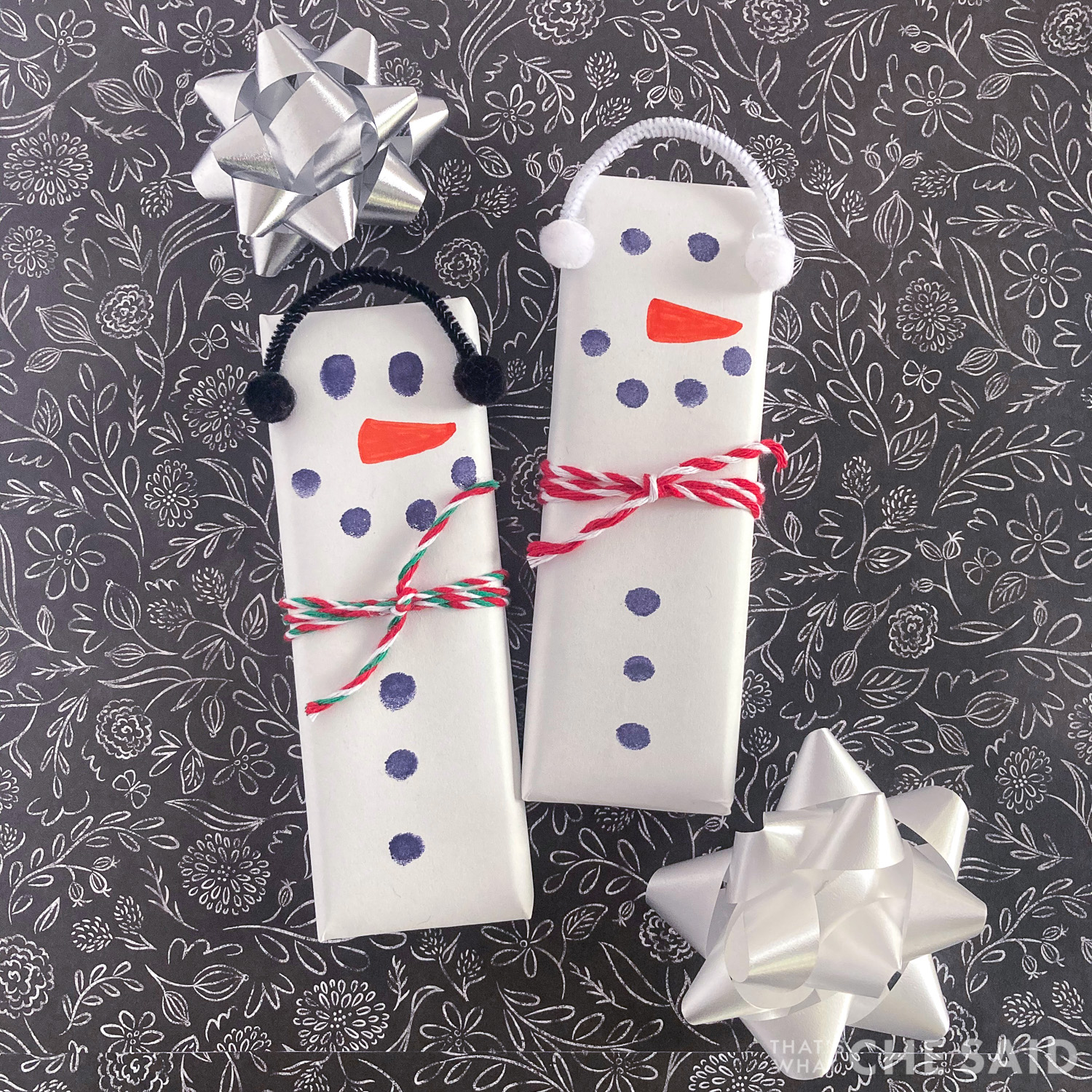 Square format of 2 complete snowman candy bars and gift bows