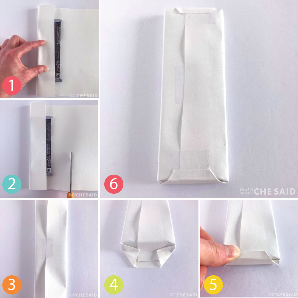 6 step collage on how to wrap a candy bar like a present