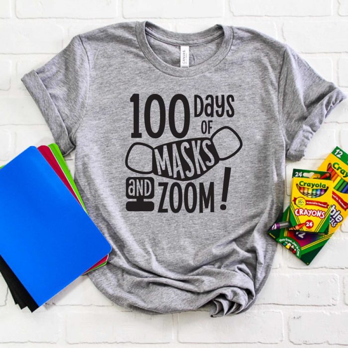 Grey Shirt with "100 Days of Masks & Zoom" design with school supplies - square format