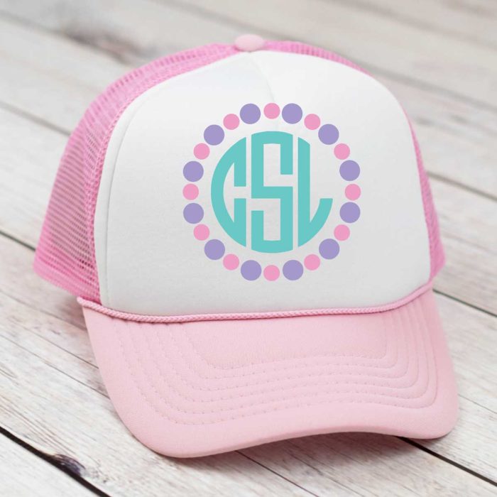 Pink and White Trucker hat with circle monogram in aqua pink and purple heat transfer vinyl