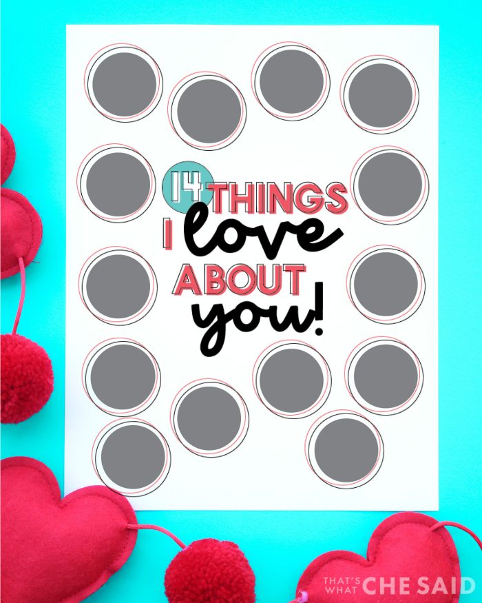 Scratch off Valentine Printable on Aqua background with hearts