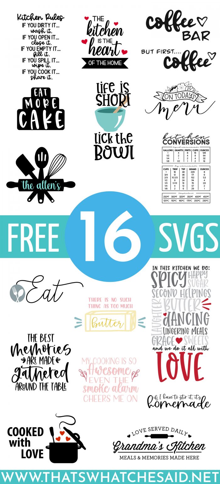 Collage with 16 different Kitchen Sign SVG files