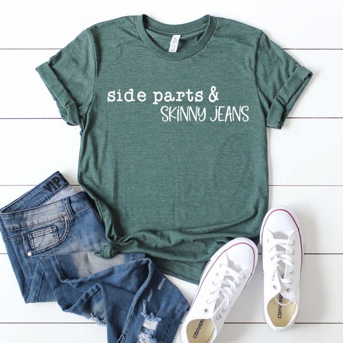Jeans, Converse, Green Shirt with Side Parts & Skinny Jeans design in iron on - Square