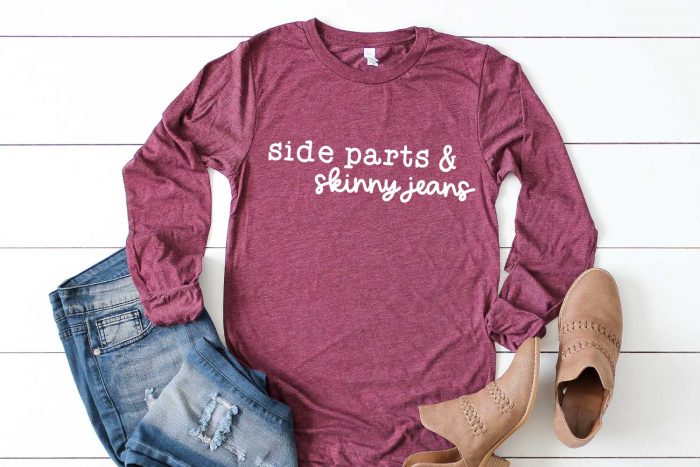 Jeans, Booties, Burgandy Shirt with Side Parts & Skinny Jeans design in iron on - Landscape