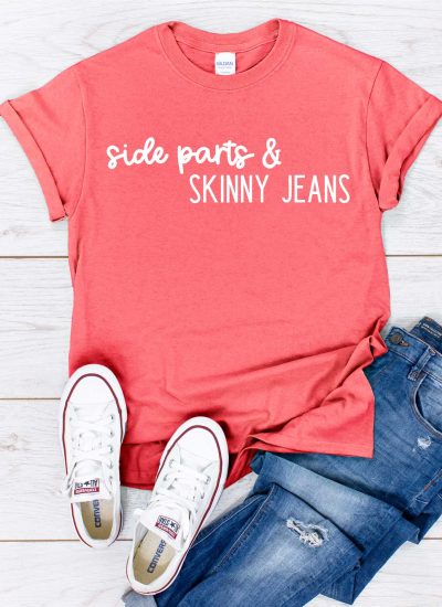 Jeans, Converse, Coral Shirt with Side Parts & Skinny Jeans design in iron on - featured image