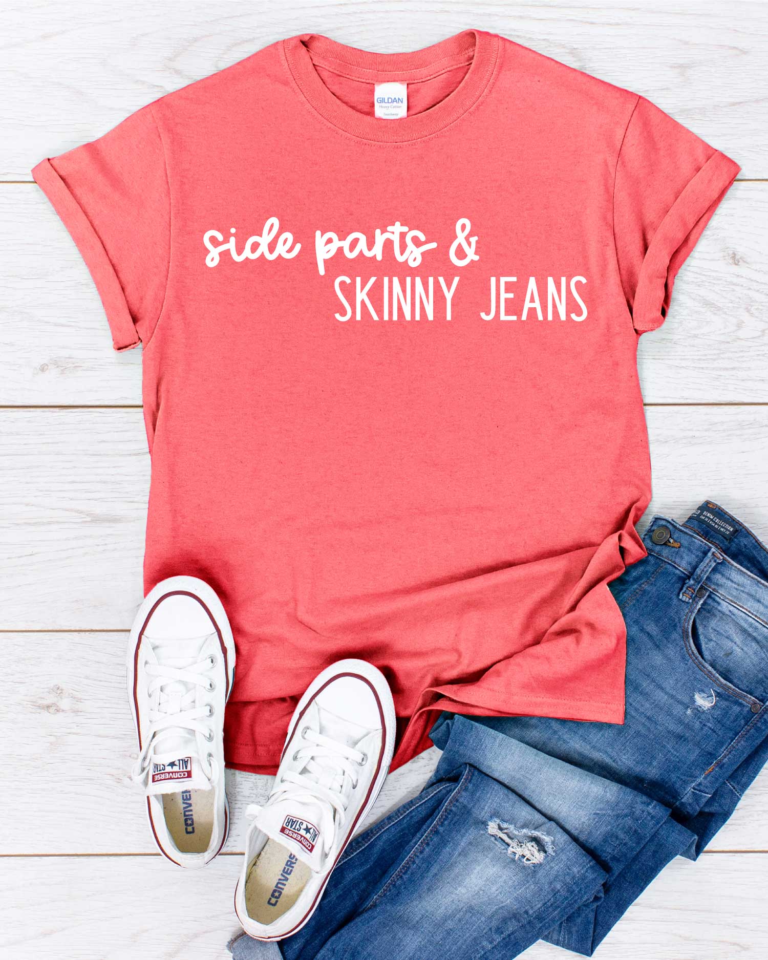 Jeans, Converse, Coral Shirt with Side Parts & Skinny Jeans design in iron on - featured image