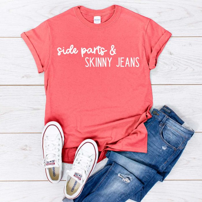 Jeans, Converse, Coral Shirt with Side Parts & Skinny Jeans design in iron on - Square