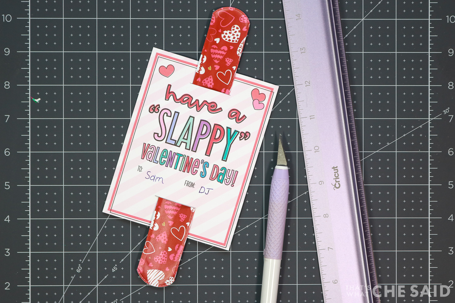 Slap bracelet inserted into cut and trimmed printable valentine