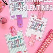 Pink background with Slap Bracelet Valentines with writing for Pinterest