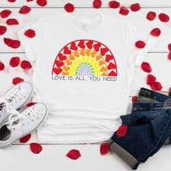 White shirt with rainbow hearts