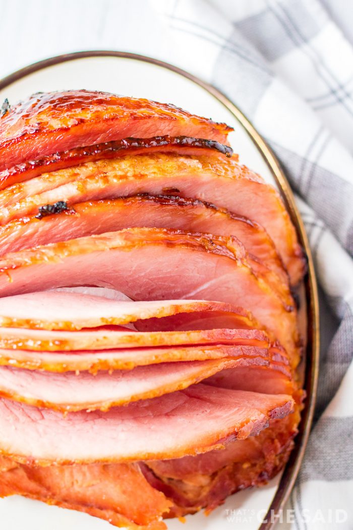 Maple Brown Sugar Spiral Ham on a platter