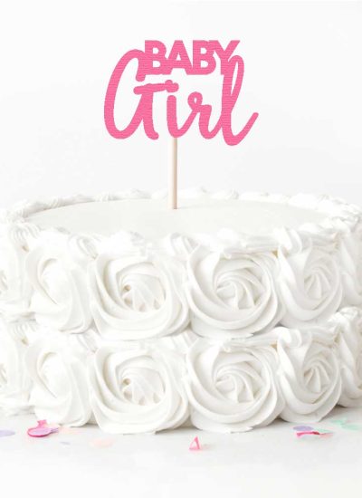White Rose Cake with Pink "Baby Girl" Cake Topper