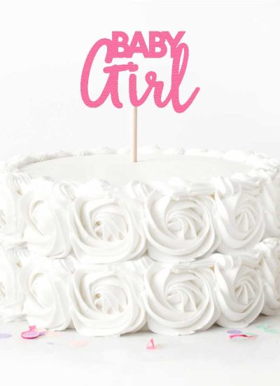 White Rose Cake with Pink "Baby Girl" Cake Topper