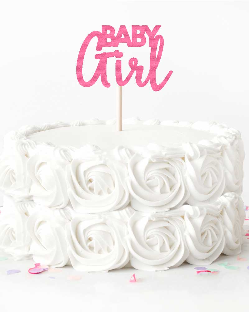 White Rose Cake with Pink "Baby Girl" Cake Topper