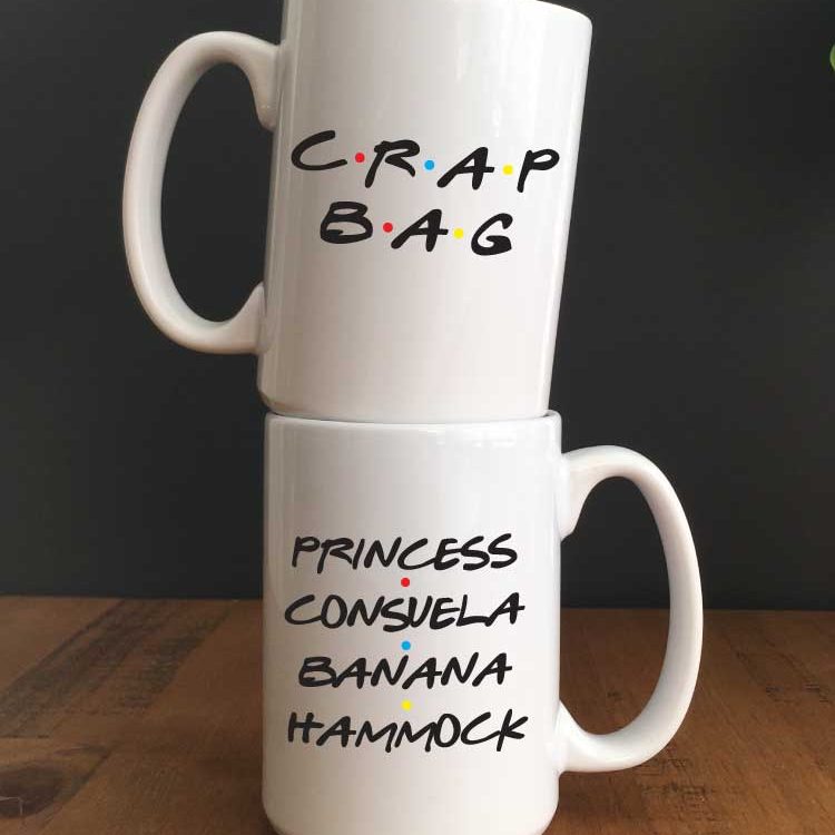 2 mugs stacked with Friends Quotes