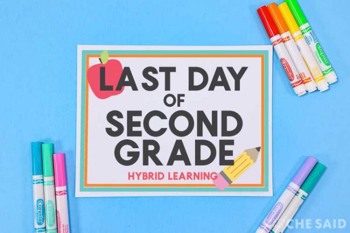 blue background with printable last day of school sign and marker props