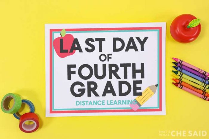 yellow background with Last Day of Distanc Learning Printable with apple, crayons and washi tape props