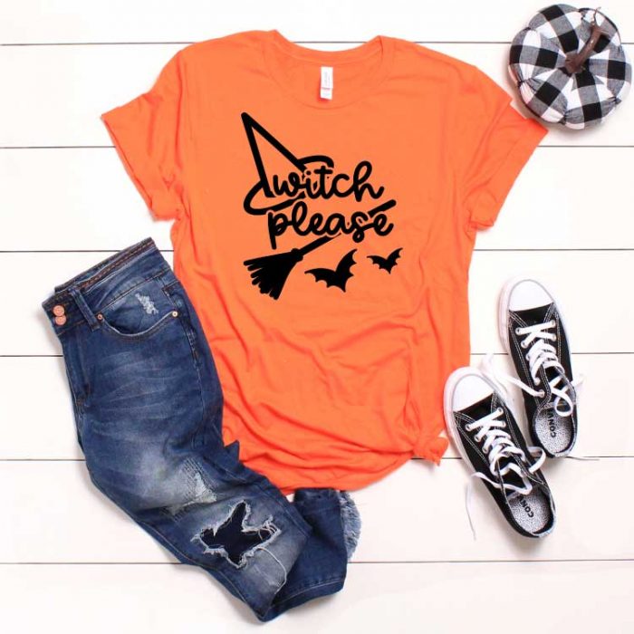 White shiplap with orange t-shirt with halloween svg and pumkin black converse and jeans as props in Square format