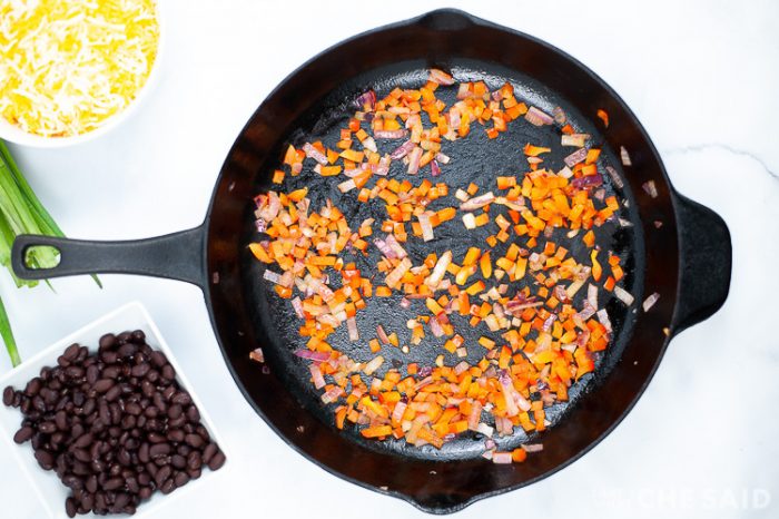 Cast Iron Skillet with onions and Peppers