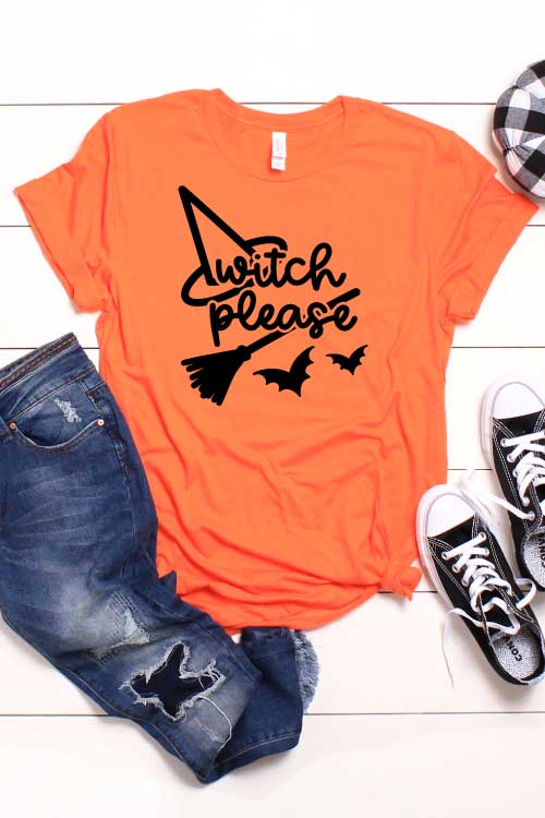 White shiplap with orange t-shirt with halloween svg and pumkin black converse and jeans as props in Vertical format