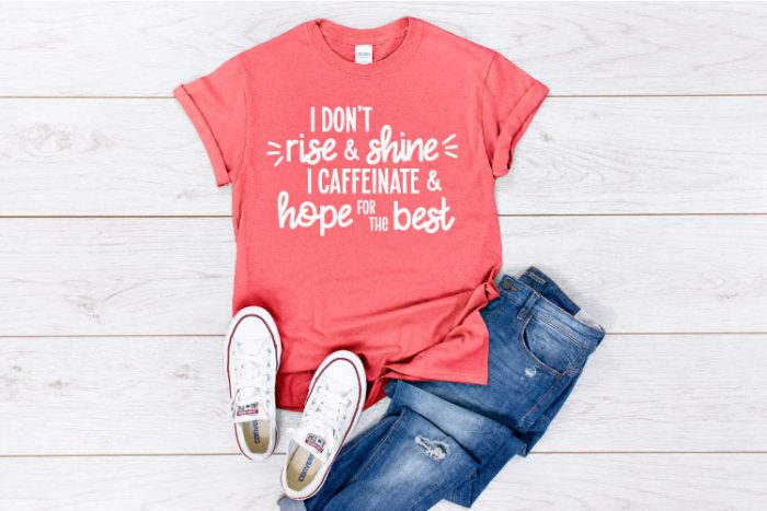 Jeans, white shoes and coral shirt with free coffee svg design on shirt