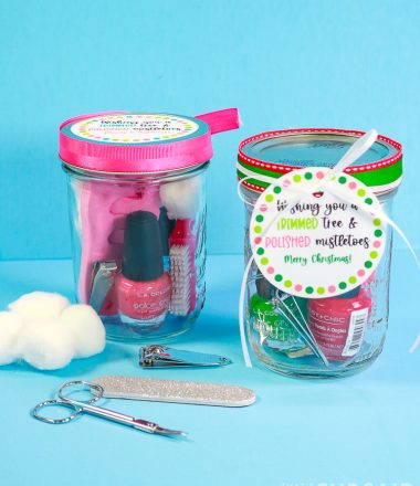 2 jars with pedicure contents and gift tags and ribbon