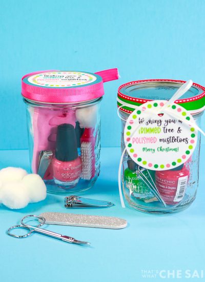 2 jars with pedicure contents and gift tags and ribbon