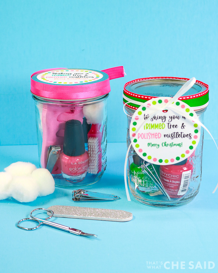 2 jars with pedicure contents and gift tags and ribbon