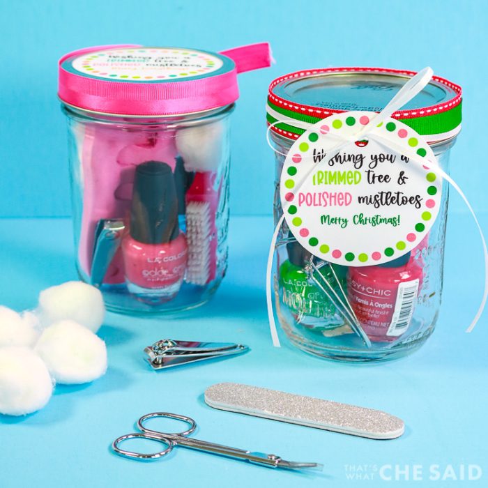 2 jars with pedicure contents and gift tags and ribbon