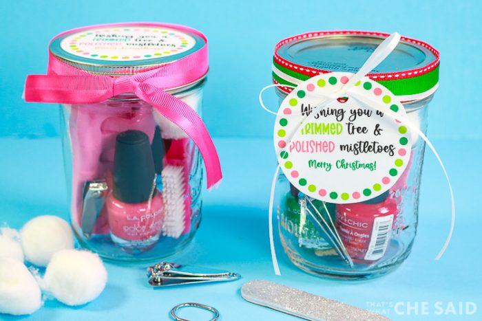 2 jars with pedicure contents and gift tags and ribbon