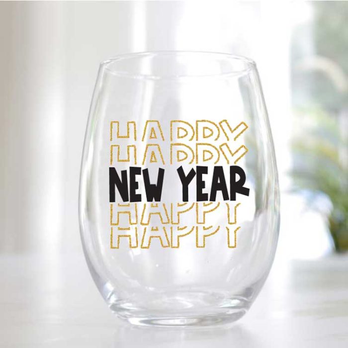 Stemless wine glass with Happy New Year Design in Glitter vinyl and black