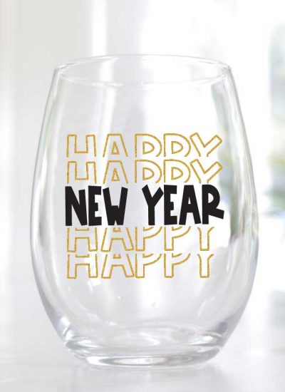 Stemless wine glass with Happy New Year Design in Glitter vinyl and black
