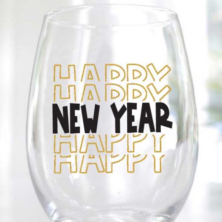 Stemless wine glass with Happy New Year Design in Glitter vinyl and black