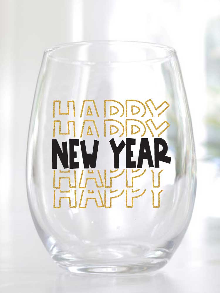 Stemless wine glass with Happy New Year Design in Glitter vinyl and black