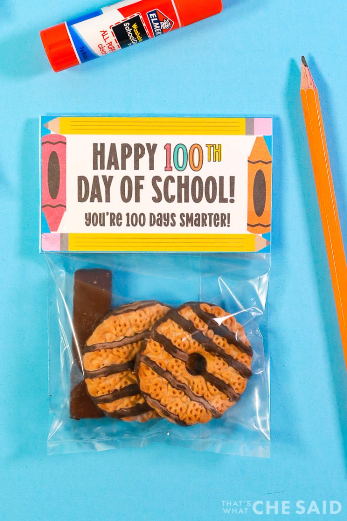 Close up of Happy 100th Day of School Treat Bag with Cookies