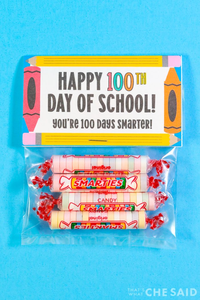 Close up of Happy 100th Day of School Treat Bag with Smarties