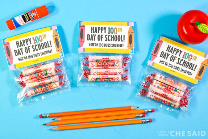 Happy 100th Day of School - You're 100 Days Smarter Treat Bag Toppers on treat bags with Smarties Candies