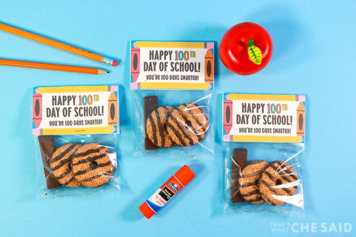 100th Day of School Treat Bags filled with Cookies to resemble the number 100 - Horizontal