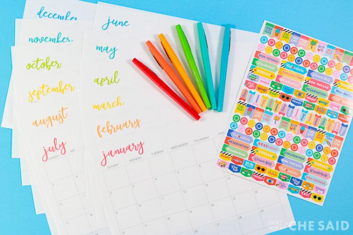 2022 Printable Monthly Calendar with Flair Pens and Planner/Calendar Stickers