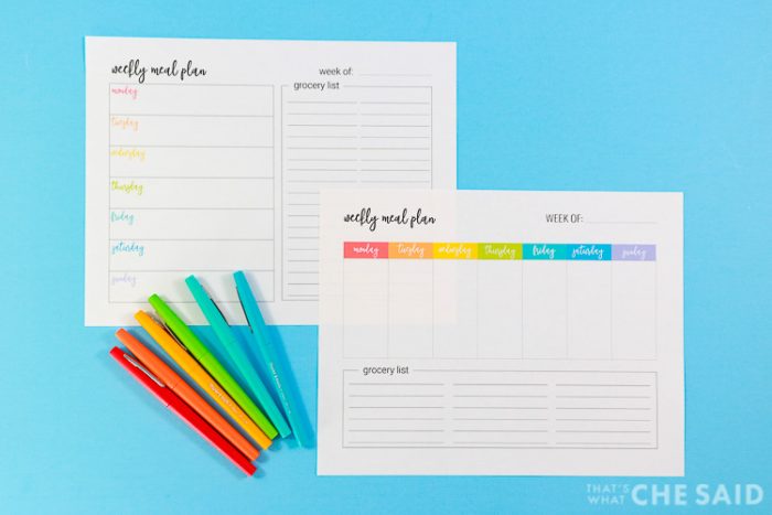 Weekly Meal Plan printables one horizontal and one vertical layout with flair pens