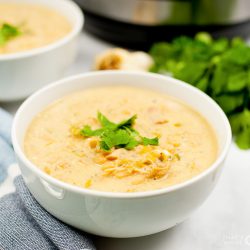 Instant Pot white chicken Chili in bowl with Instant pot and cilantro in background