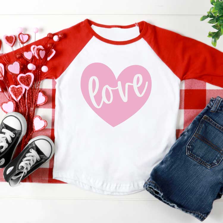 Love svg design on white and red raglan T