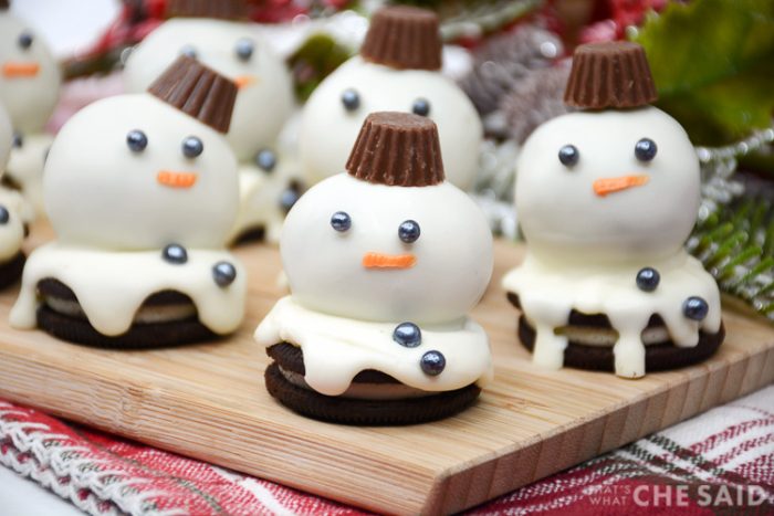 Oreo Truffle on an oreo covered in white chocolate to resemeble a melted snowman