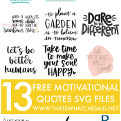 Collage of 13 different motivational quote svg files to download from a hop