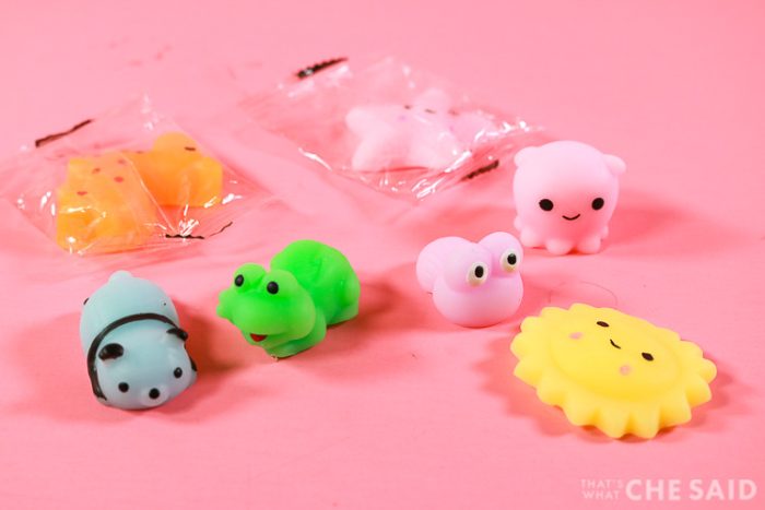 Squishy toys close up on pink background