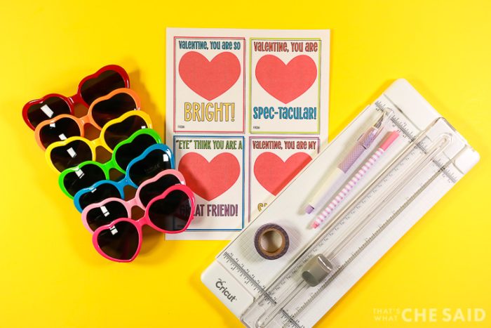Yellow Background, Supplies for Sunglass Valentine - Printable, Sunglasses, Paper trimmer, pen, xacto knife and washi tape