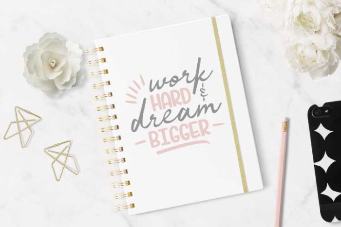 White Journal with Motivational Quote SVG applied in vinyl - Work Hard Dream Bigger